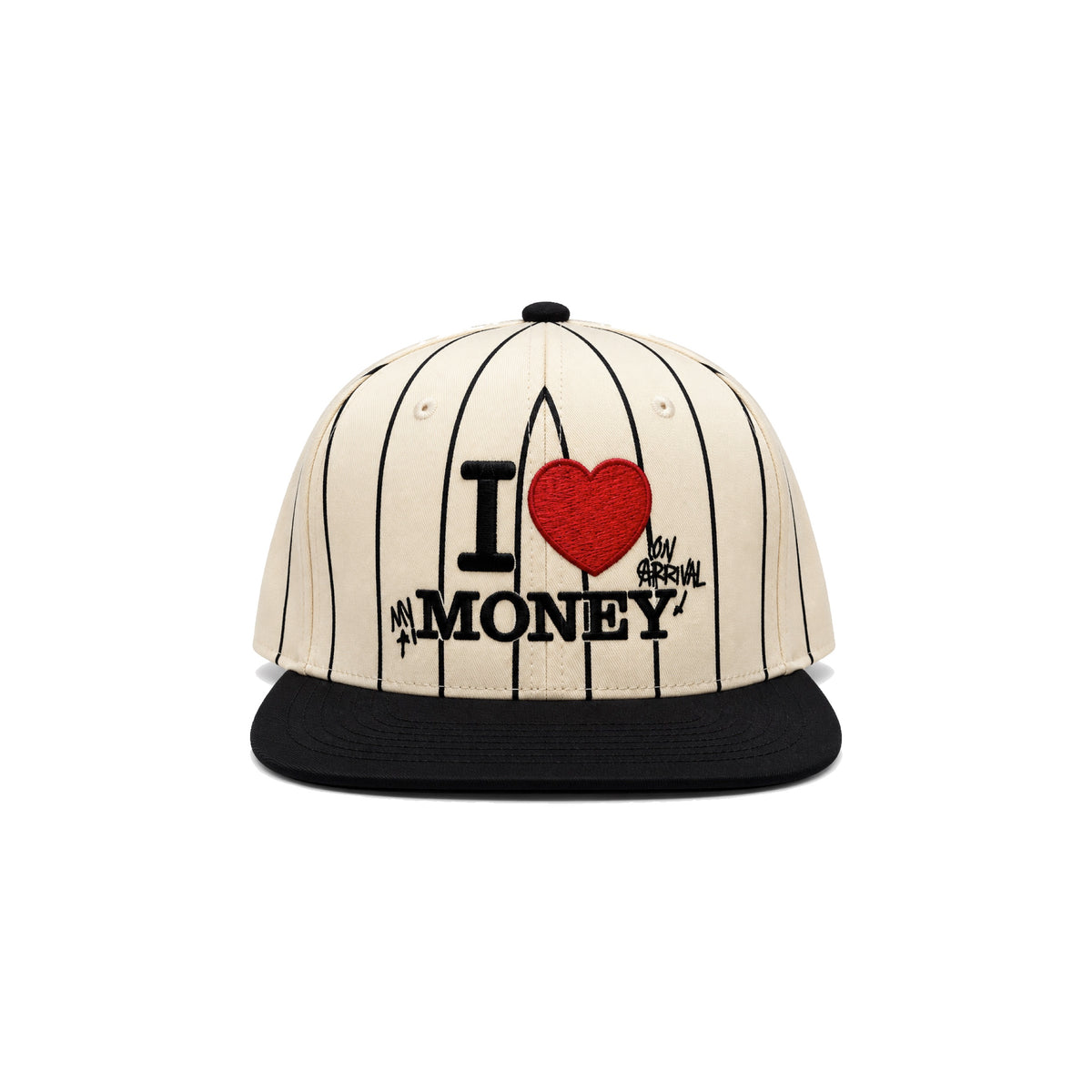 I LOVE MONEY PINSTRIPE TRUCKER