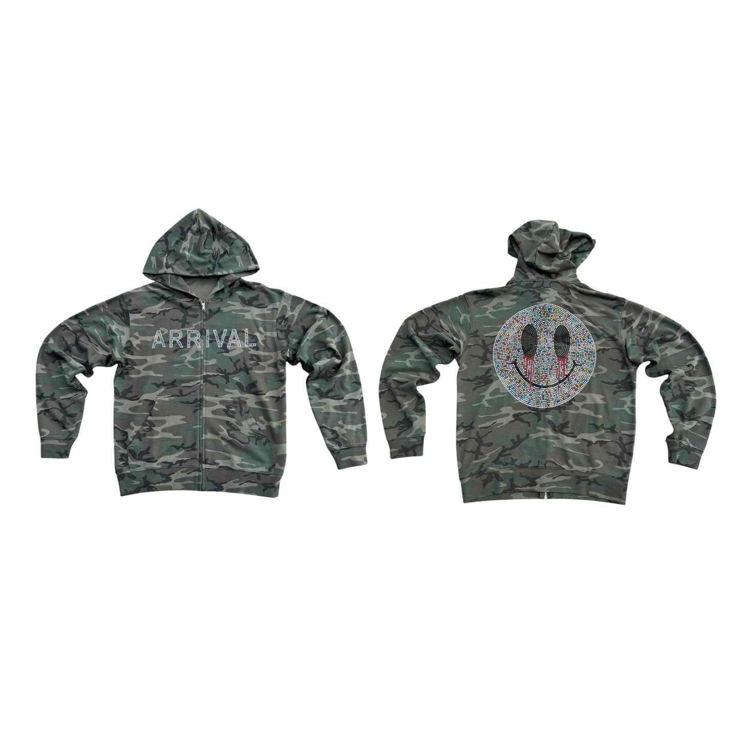 RHINESTONE SMILEY CAMO ZIP UP