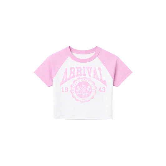 ARRIVAL UNIVERSITY CROP TEE (PINK/WHITE)