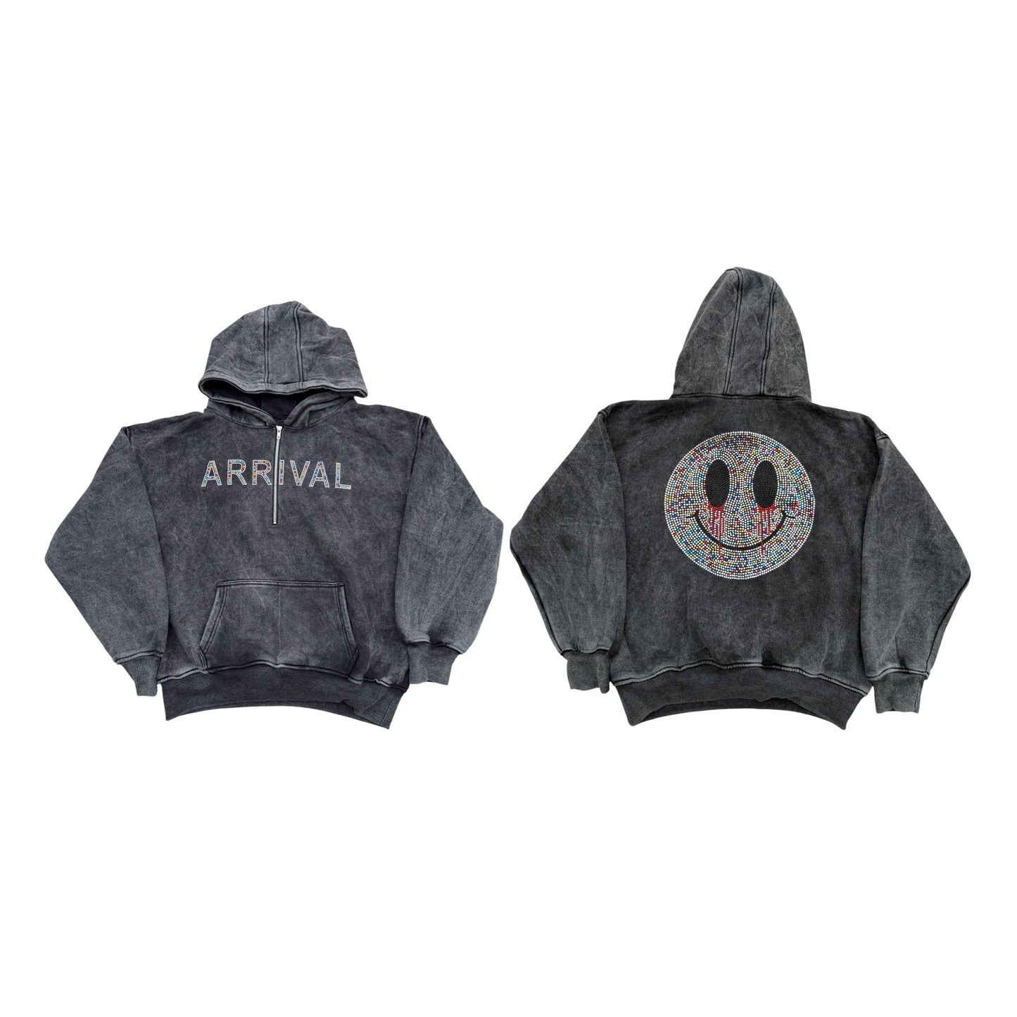 Rhinestone Smiley Quarter Zip (Washed Black)