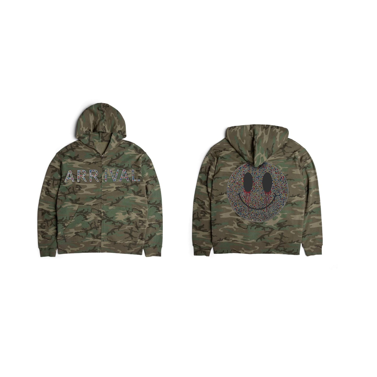 RHINESTONE SMILEY CAMO ZIP UP